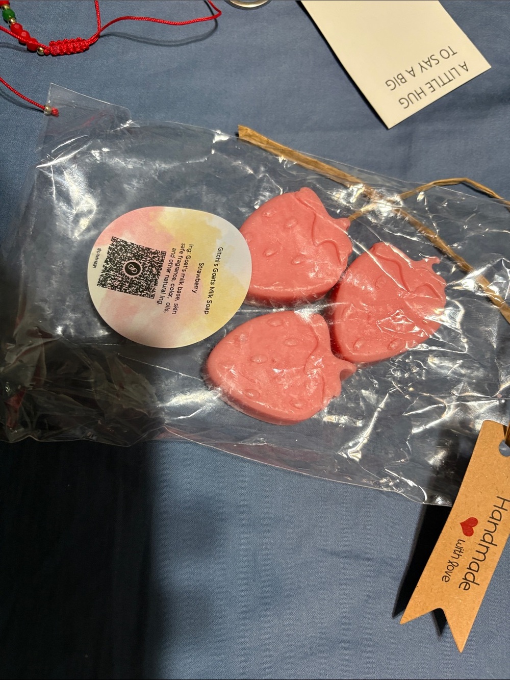 Strawberry Keychain Charm with bracelet and 3 strawberry mini goat milk soaps - Picture 4 of 17